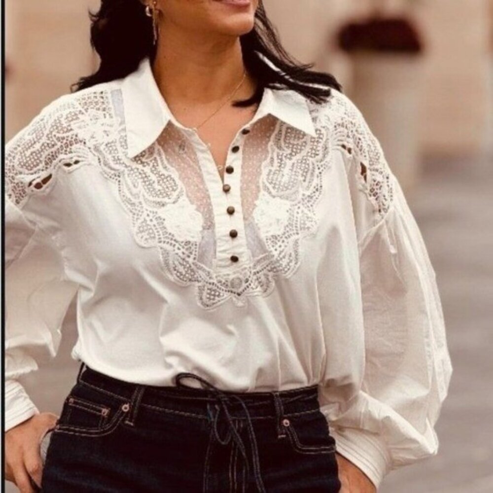 NWT Size L -  Anthropologie 100% Cotton Collared Boho Lace Blouse (NWT US$ 128)